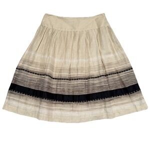 Embroidered Linen Silk Striped Textured Midi Skirt 8 Beige Classic Minimalist